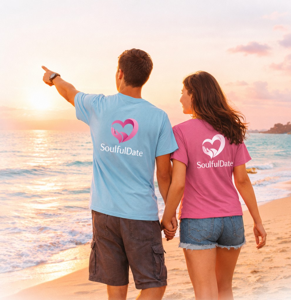 Couple walking on the beach at sunset wearing Soulfuldate
