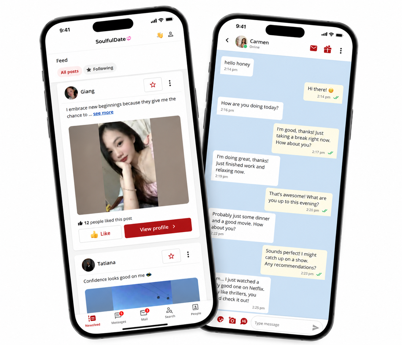 Soulfuldate app showing newsfeed and chat on mobile